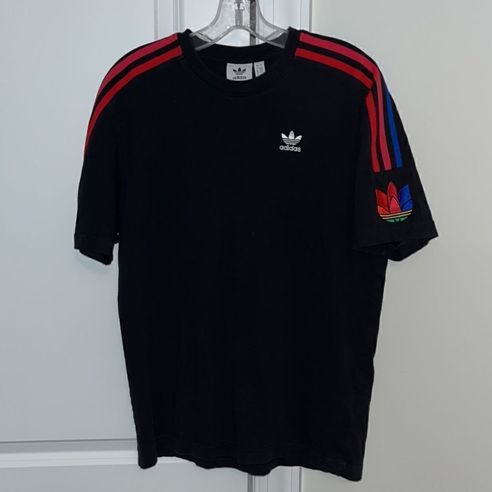 Adidas vintage black sewn 3 stripe Rainbow Trefoil Tee T Shirt S mens (youth XL)